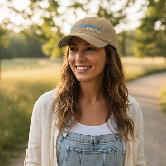 Brown cap with 'Redeemed and set free' text outside