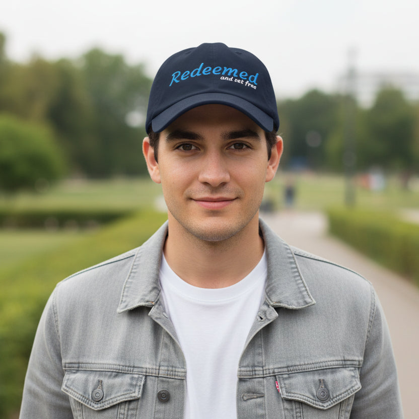 Navy blue cap with 'Redeemed and set free' text outside