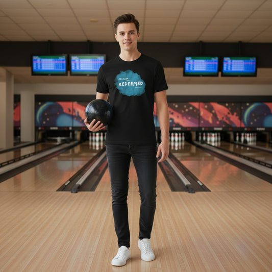 Black t-shirt with blue cloud graphic and 'Rescued and Redeemed' text at the bowling alley