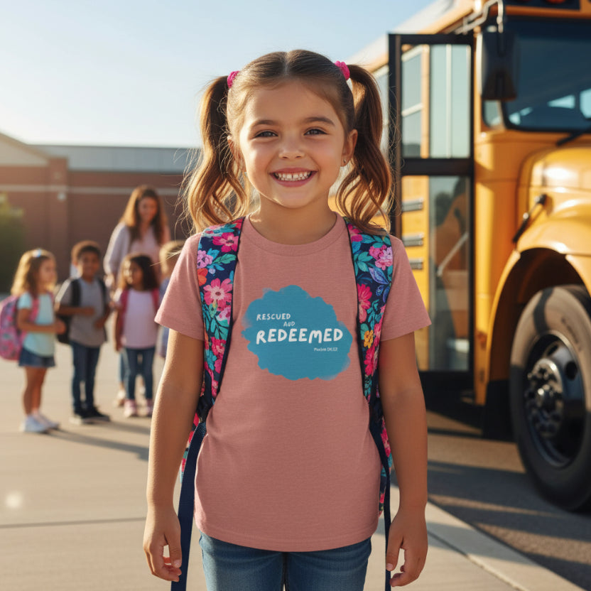 Heather Mauve Pink t-shirt with blue graphic and text 'Rescued' and ' Redeemed' by a school bus