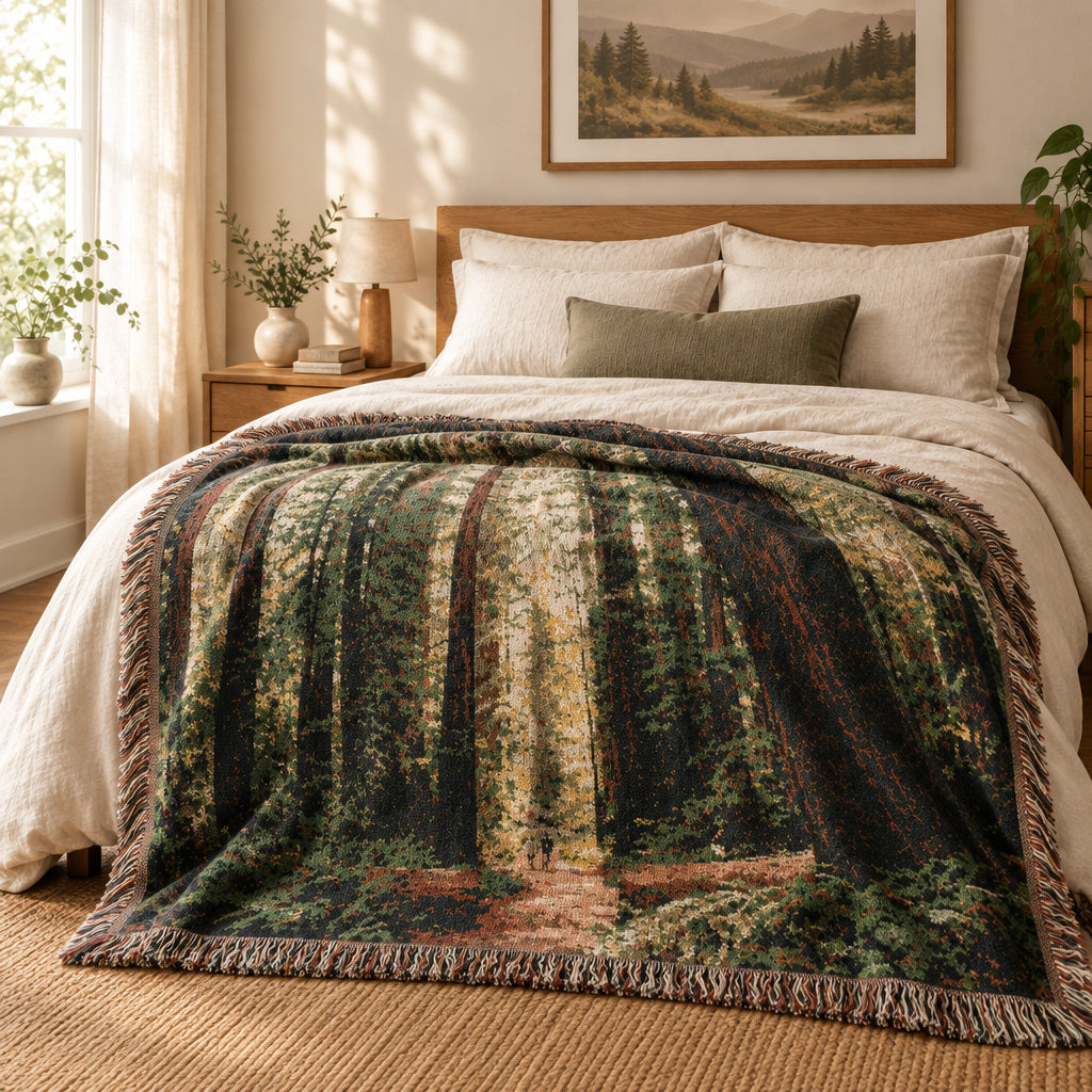 Redwood trails woven blanket with a forest design featuring trees and a trail