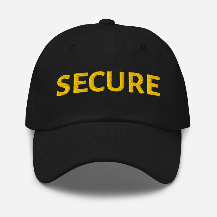 Black cap with 'SECURE' in yellow on a white background