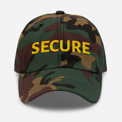 Camouflage baseball cap with 'secure' in gold on a white background