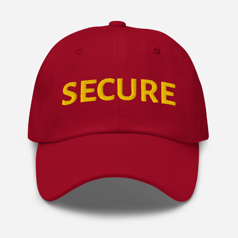 Cranberry Red cap with 'SECURE' in yellow on a white background