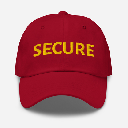 Cranberry Red cap with 'SECURE' in yellow on a white background