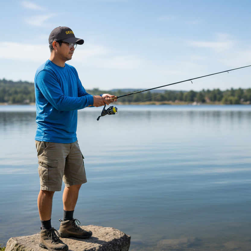 Black cap with 'SECURE' in yellow, man fishing