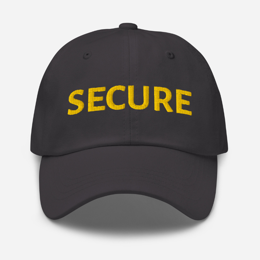 Dark Grey cap with 'SECURE' in yellow on a white background