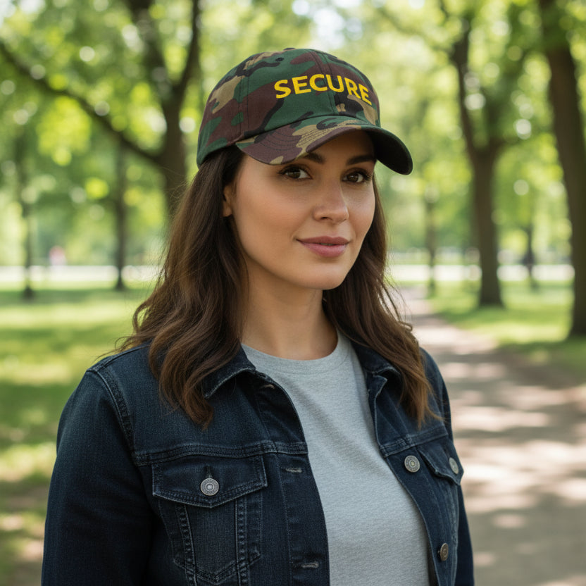Camouflage cap with 'SECURE' in yellow standing outside