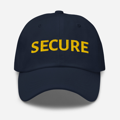 Navy blue cap with 'SECURE' in yellow on a light gray background