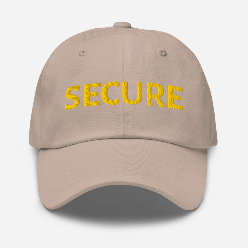 Stone Beige cap with 'SECURE' embroidered in yellow on a white background