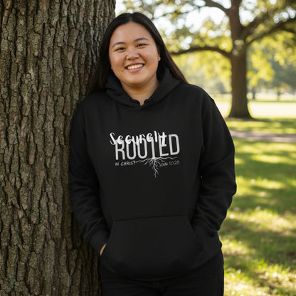 Black hoodie with white text and design 'Securely Rooted' leaning against tree outside