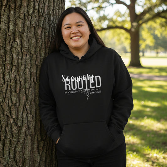 Black hoodie with white text and design 'Securely Rooted' leaning against tree outside