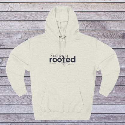 Beige hoodie with 'Secured Rooted' text on a wooden surface