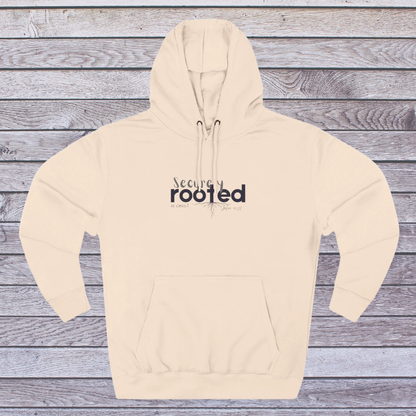 Pale Pink Beige hoodie with 'Securely Rooted' text on a wooden background