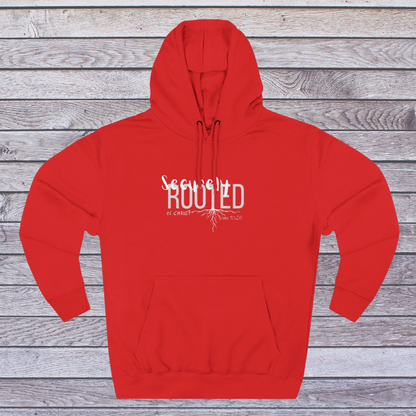 Red hoodie with white text 'Securely Rooted' on a wooden background, Identity