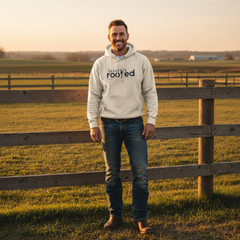 Beige hoodie with 'Secularly Rooted' on the farm ranch