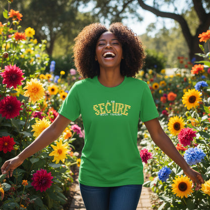 Green t-shirt with colorful geometric design 'I am secure with Yahuah' standing in garden of flowers