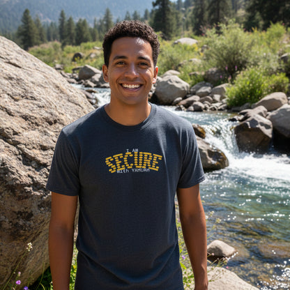 Navy t-shirt with 'I am Secure with Yahuah ' logo, by boulder and river outside