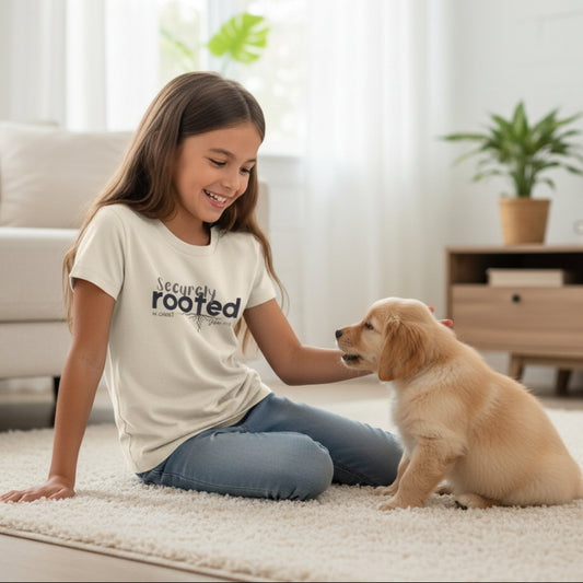Natural colored Beige t-shirt with 'Securely Rooted' text design with a puppy
