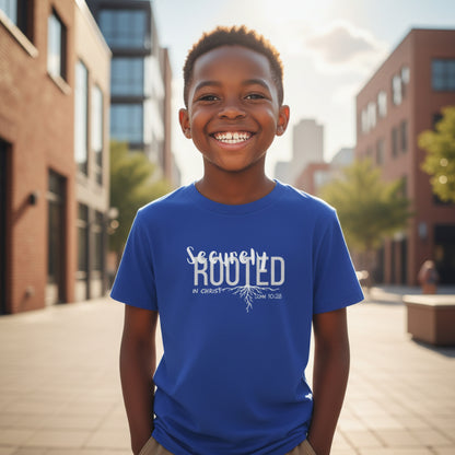 Blue t-shirt with white text 'Securely Rooted' in a city view