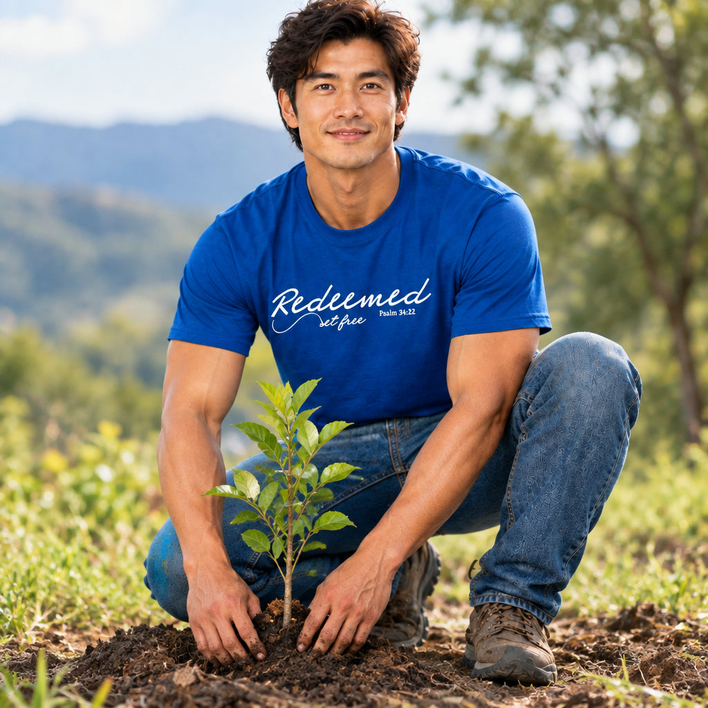 Person wearing a royal blue 'Redeemed, set free' t-shirt 