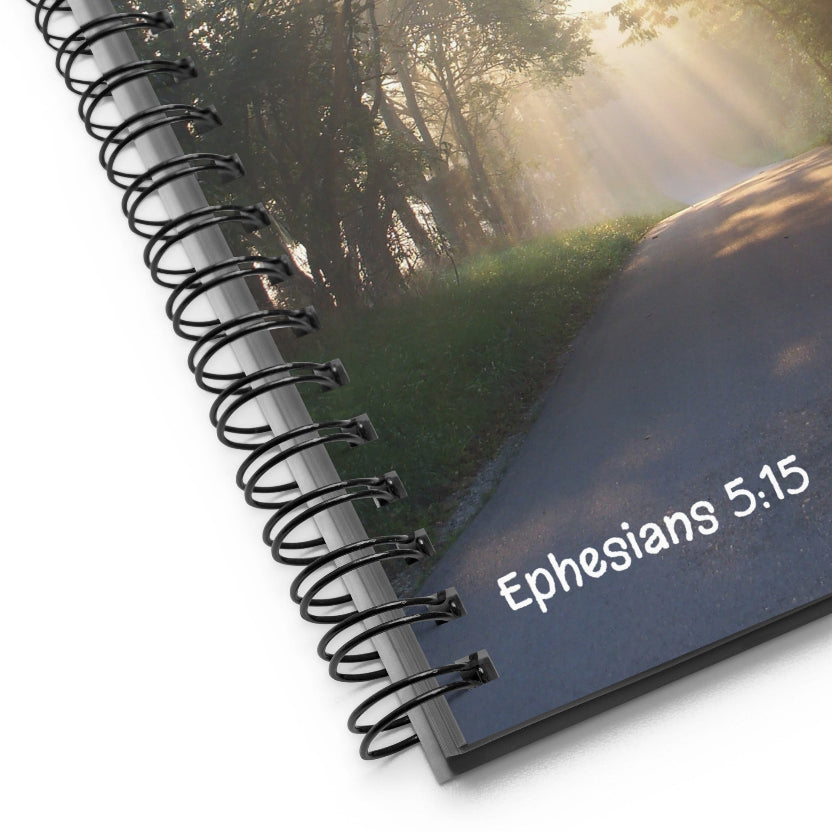 Notebook with spiral binding and 'Ephesians 5:15' text on a scenic cover