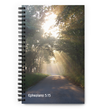 Notebook with a scenic cover of a sunlit path through trees in Kentucky and 'Ephesians 5:15' text.
