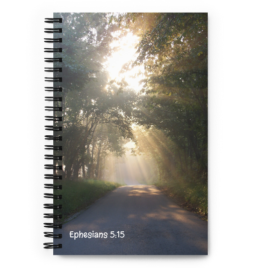 Notebook with a scenic cover of a sunlit path through trees in Kentucky and 'Ephesians 5:15' text.