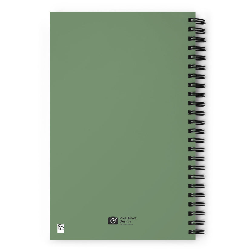 Green spiral-bound notebook with a visible brand logo on a white background