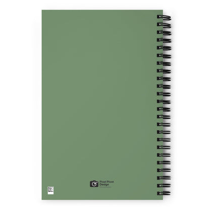Green spiral-bound notebook with a visible brand logo on a white background