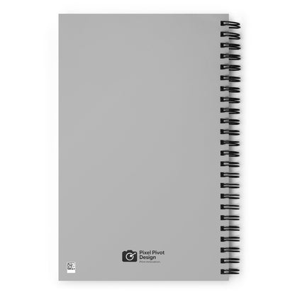 Gray spiral-bound notebook with black binding on a white background