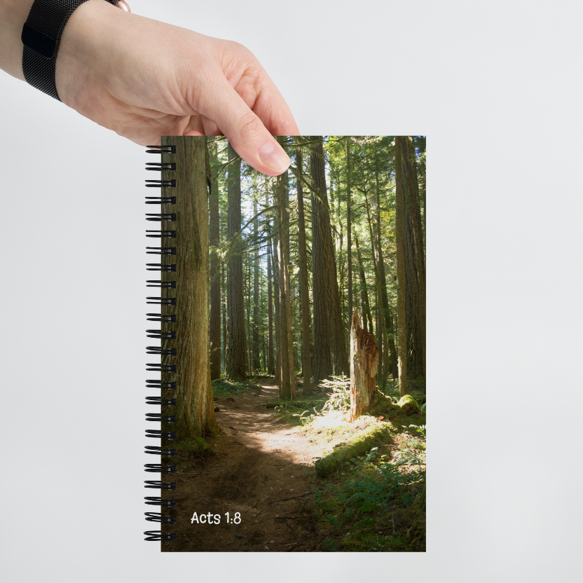 Notebook with a forest design on the cover held by a hand
