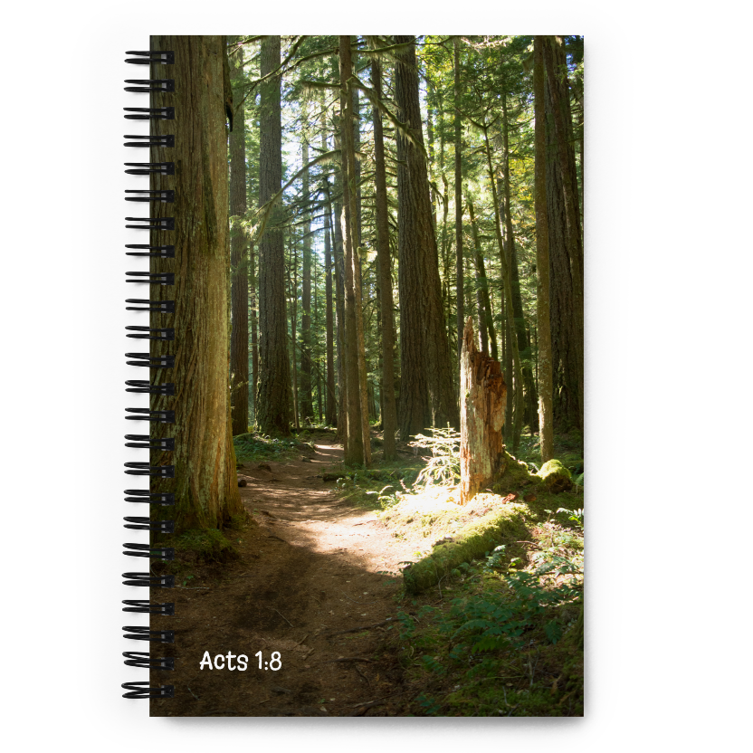 Notebook with an Oregon, McKenzie River Trail forest design on the cover, featuring the text 'Acts 1:8'.