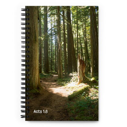 Notebook with an Oregon, McKenzie River Trail forest design on the cover, featuring the text 'Acts 1:8'.
