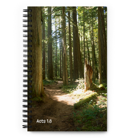 Notebook with an Oregon, McKenzie River Trail forest design on the cover, featuring the text 'Acts 1:8'.