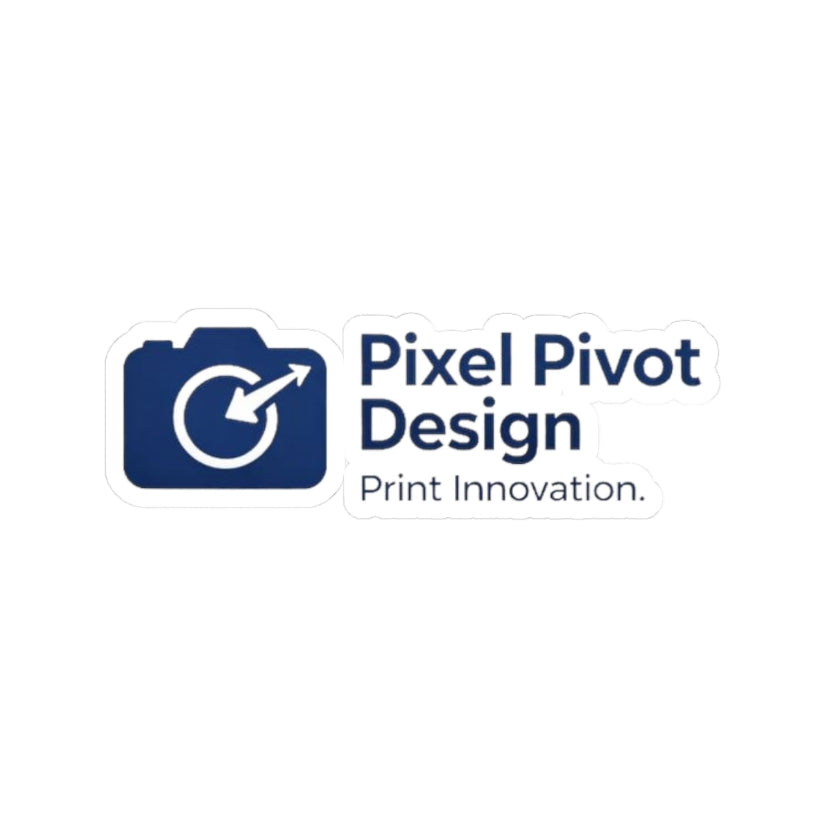 Logo of Pixel Pivot Design with blue camera and white two-sided arrow on a white background