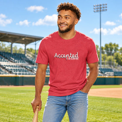 Man wearing a red t-shirt with text "accepted in Christ"
