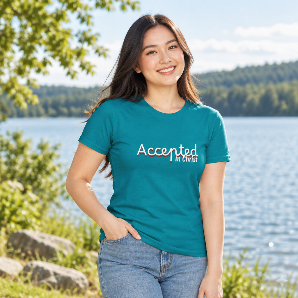 Person wearing a teal t-shirt with text "accepted in Christ"