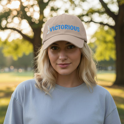 Stone Beige unstructured dad cap with 'i am VICTORIOUS' text 
