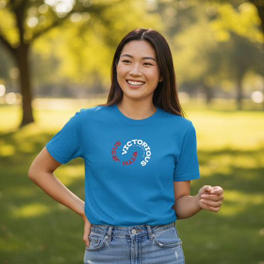 Sapphire Blue t-shirt with 'Victorious with Jesus' design in the county park