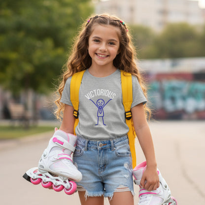 Gray t-shirt with 'Victorious' graphic holding rollerblades
