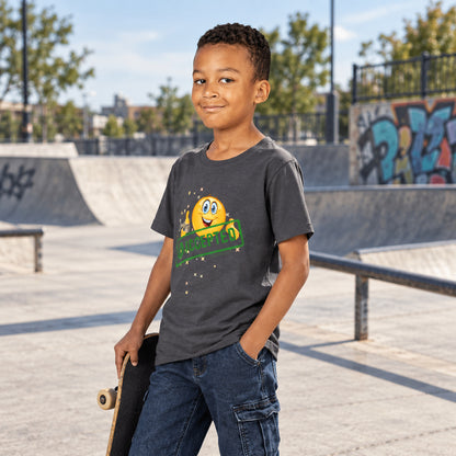 Child wearing a dark gray t-shirt with smiley face and words Accepted