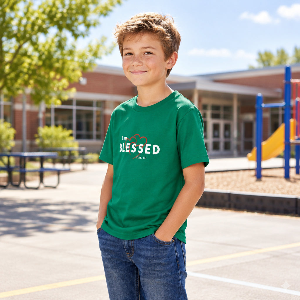 youth tee shirt worn by a boy in schoolyard. The shirt says "I am blessed with Ephesians 1:3 and red hearts.