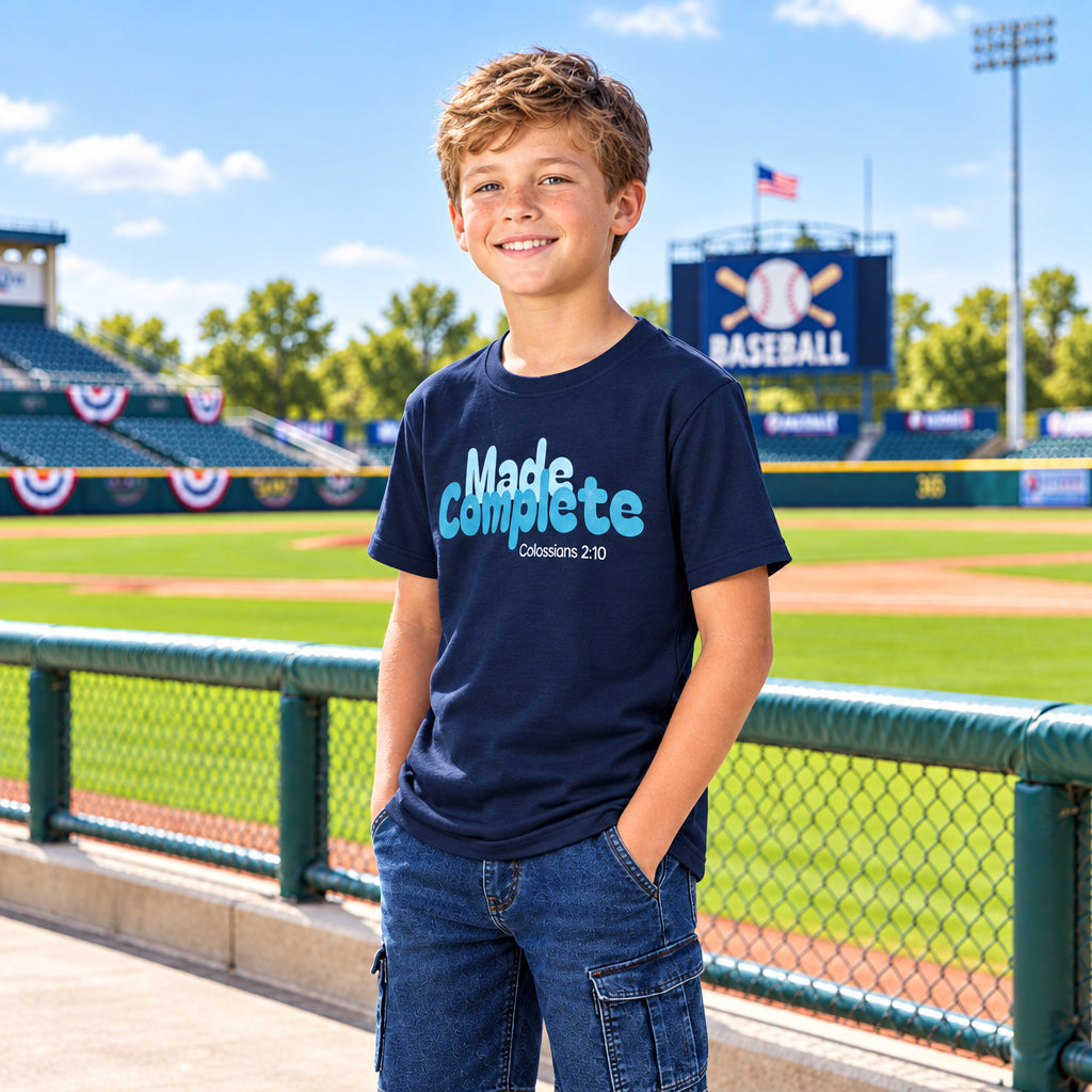 Child wearing a navy blue t-shirt with colorful text "made complete"