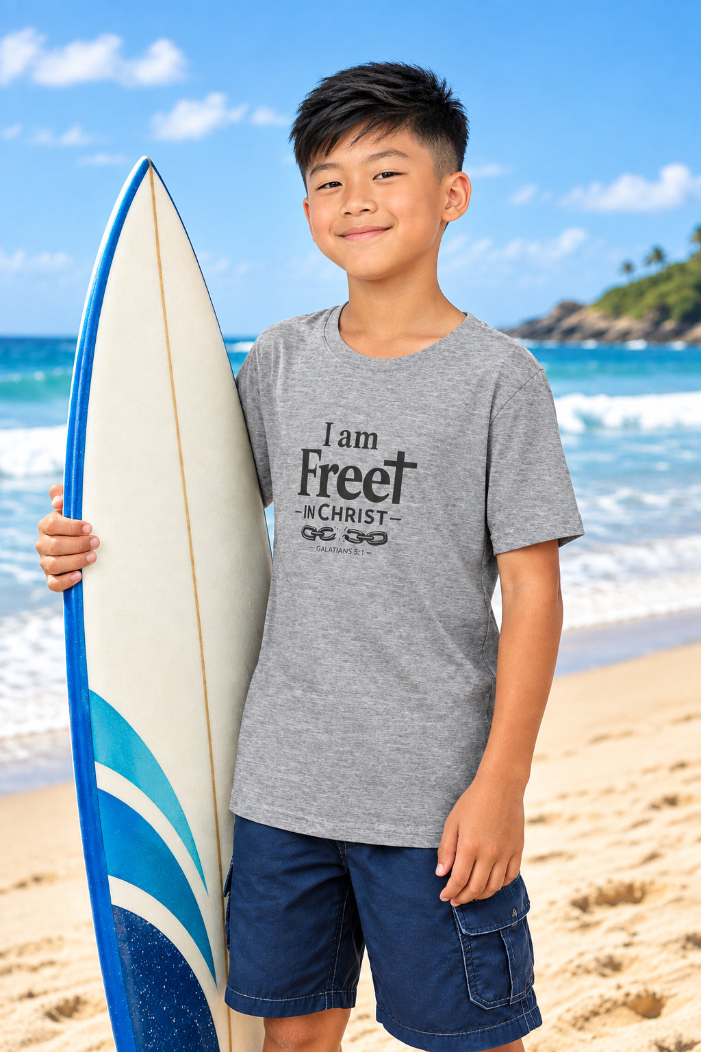 Child wearing a gray t-shirt with text "free" on the beach with a surfboard