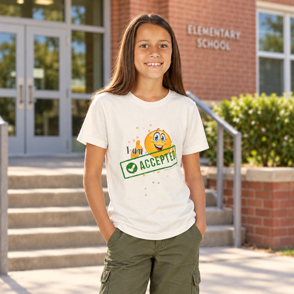 Young girl wearing a white t-shirt with a smiley face and text design