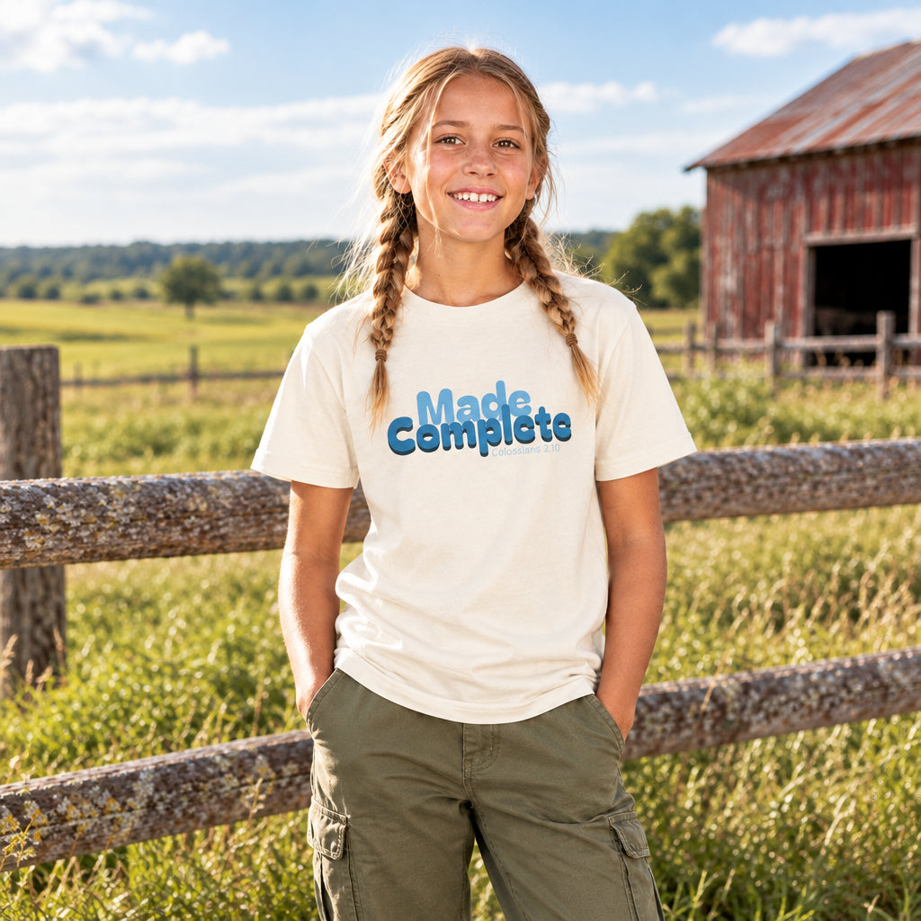 Young girl wearing a cream t-shirt with "made complete" text