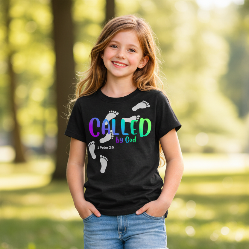 Young girl wearing a black t-shirt with colorful text and footprints on a light gray background